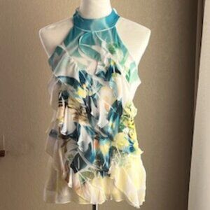 IZ Byer Large sleeveless halter top. Vibrant turquoise, blue, yellow, black.